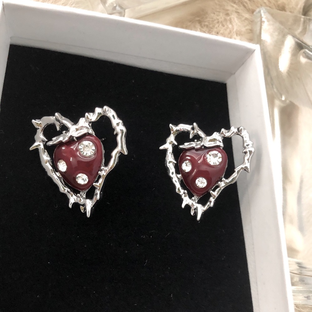 Red heart silver earrings
